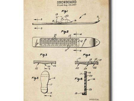 Snowboard, 1969 Blueprint Parchment Patent  Canvas Wall Art Fashion