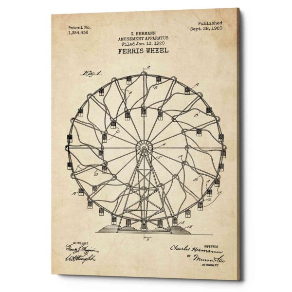 Ferris Wheel, 1920 Blueprint Parchment Patent  Canvas Wall Art Hot on Sale