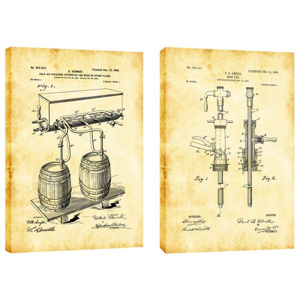 For The Love of Beer Diptych Vintage Patent Blueprint  Giclee Canvas Wall Art (Set of 2) For Sale